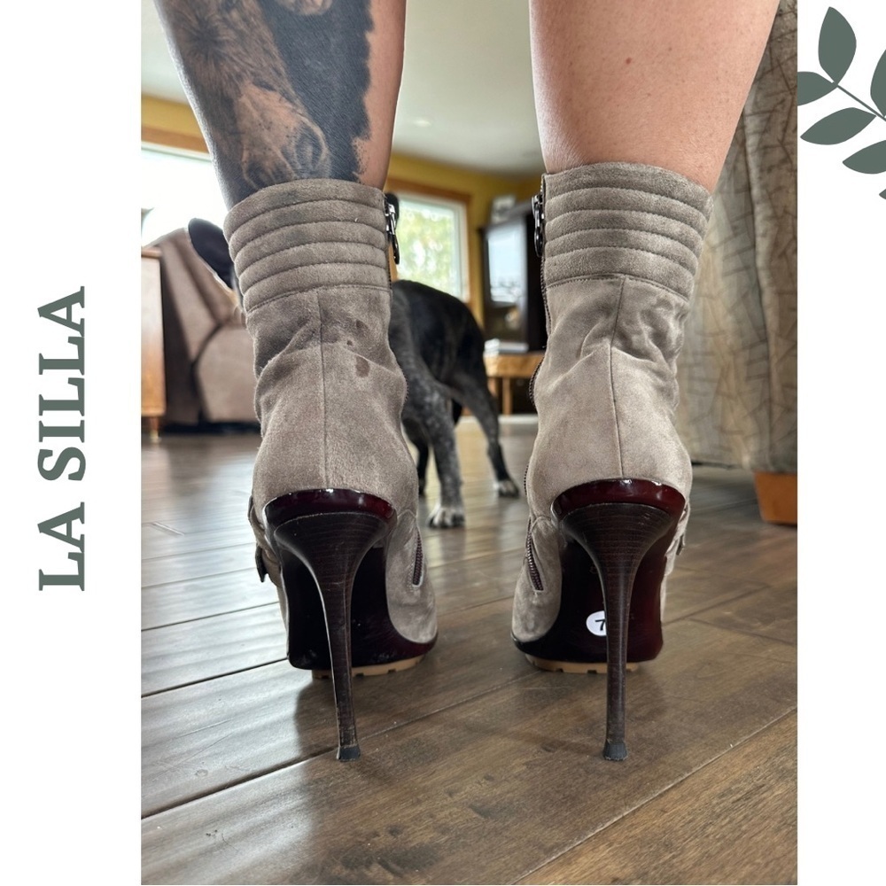 Enio Silla For Le Silla Grey Suede Platform Ankle Boots Stilletto Buckle Size 7 - Picture 5 of 11